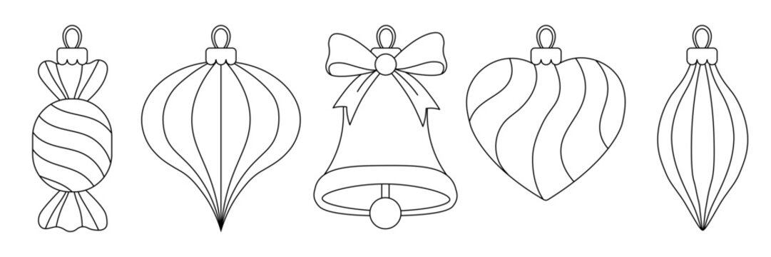 Assorted Christmas Ornament Shapes including candy, bell, heart and elongated decoration. Coloring vector set for holiday window decoration, Christmas card making, paper craft, and seasonal art class