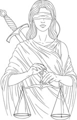 A detailed line drawing of the blindfolded Lady Justice holding the scales of justice with a sword.