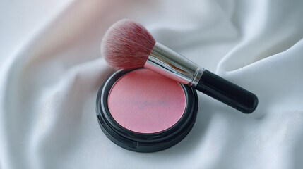 Realistic blush compact with soft brush rests on smooth, white fabric, showcasing its vibrant pink color. elegant presentation highlights beauty product appeal