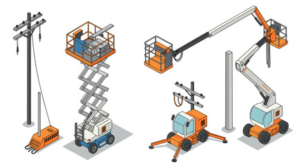 Fototapeta premium Isometric lifts and aerial platforms for construction and maintenance