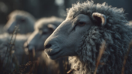 Fototapeta premium Close up shot of a group of sheep standing in a field with soft lighting in the background outdoors