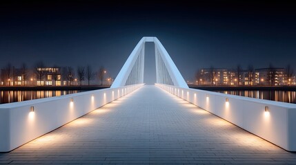 Modern illuminated pedestrian bridge with white architecture and geometric arches at night with city lights reflecting on the water in the background and a dark blue sky above