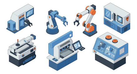 Obraz premium Isometric industrial machines: futuristic robotics and automation designs