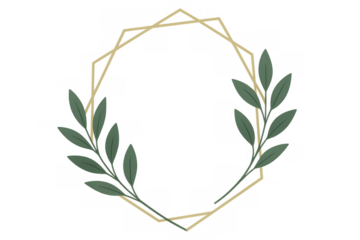 Geometric golden frame with green leaves creating an elegant wreath design, perfect for wedding invitations and minimalist branding