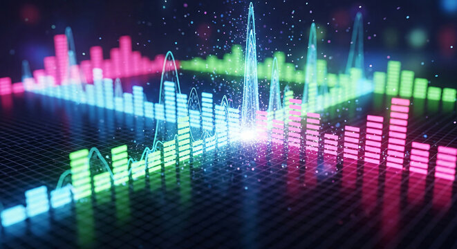Abstract Audio Waveform Visualization with Glowing Bars and Particles - Powered by Adobe