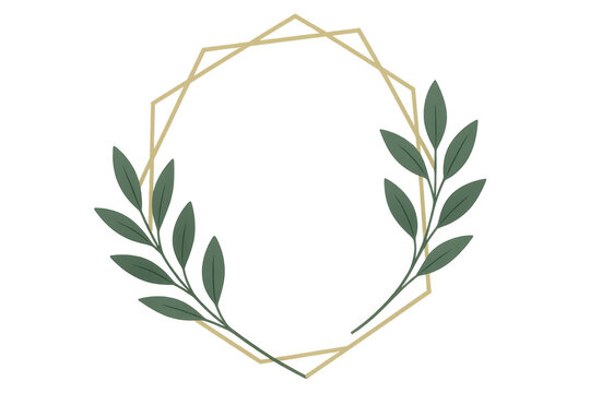 Geometric golden frame with green leaves creating an elegant wreath design, perfect for wedding invitations and minimalist branding