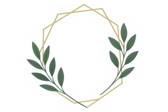 Geometric golden frame with green leaves creating an elegant wreath design, perfect for wedding invitations and minimalist branding - Powered by Adobe