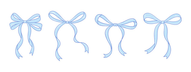 Coquette blue bows set. Hand drawn vintage ribbons. Birthday, Wedding gift in retro style. Baby shower decoration, boy, cute design. Doodle lace, vector illustration.