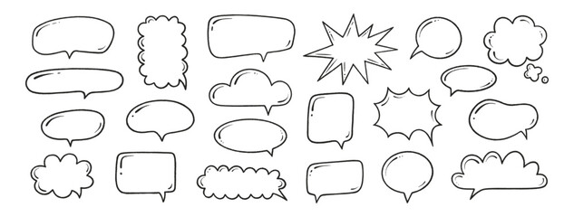 Crayon speech bubbles set. Chat talk boxes. Line chalk hand drawn frames. Kid doodle style. Dialogue balloon clouds. Pencil drawing, black thought elements on white background. Vector illustration