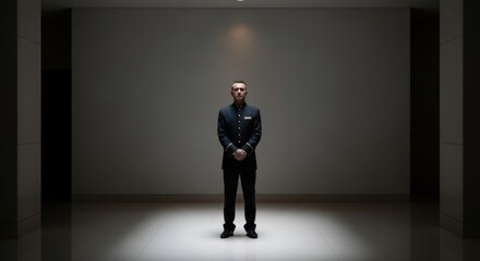 Man bellhop standing in uniform waiting attentively for service, hospitality, or hotel concierge concept with copy space. Night time