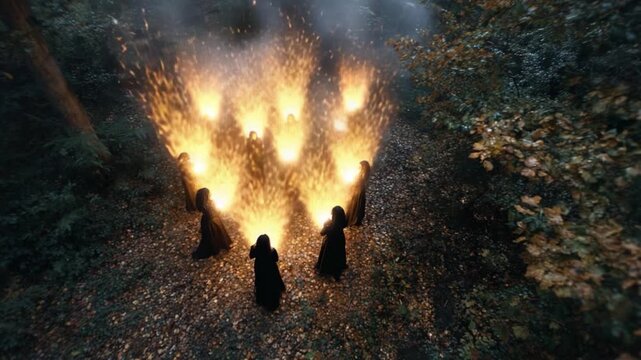 A Mysterious Gathering in the Forest: Figures Enveloped in Shadows and Firelight, Creating an Enigmatic Scene of Sorcery and Ritualistic Celebration Amidst Autumn Leaves