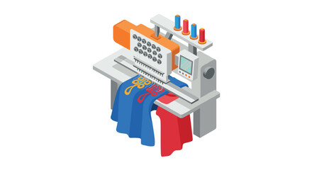 Colorful isometric embroidery machine with thread spools and fabric