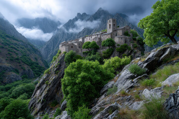Ancient stone monastery ruins atop a rocky hill surrounded by misty mountains