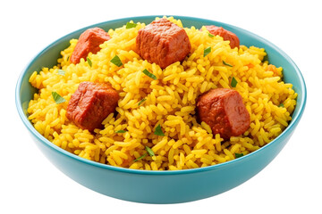 Bowl of yellow rice with pieces of meat isolated on transparent background
