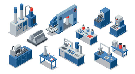 Isometric industrial equipment set featuring high-tech machinery and tools