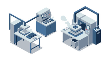 Modern isometric 3d printing and manufacturing setup with industrial machines