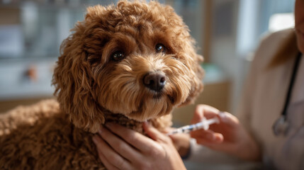 Brown poodle getting a shot from a vet in a clinic setting indoors