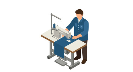 Seamstress working at sewing machine in isometric style