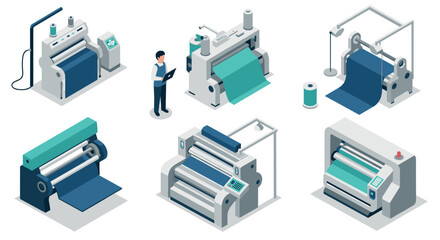 Isometric industrial printing machines with worker in blue on white background