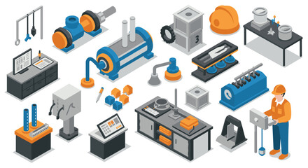 Obraz premium Industrial manufacturing elements in isometric design - factory tools and equipment collection