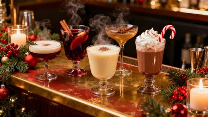 A stylish holiday drinks setup with festive cocktails, ideal for promoting holiday beverages, bars, and winter drink recipes.