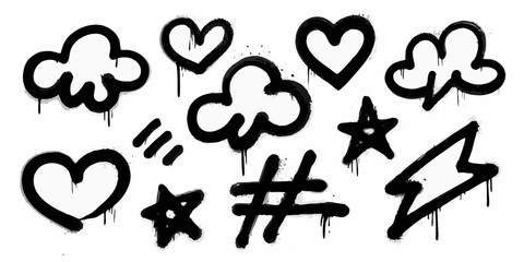 Collection of black graffiti style icons including clouds hearts stars lightning bolts and hashtags on white background