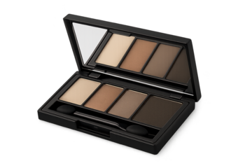 Open cosmetic palette with six neutral brown eyeshadows and mirror