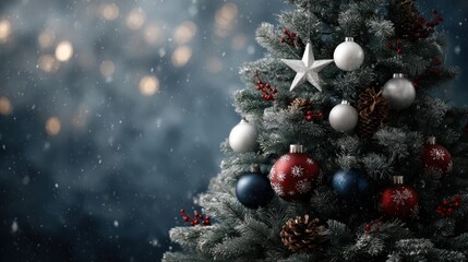 Christmas tree set against a dark blue bokeh background