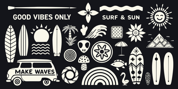 Retro surf and sun graphic elements with good vibes only text and make waves van