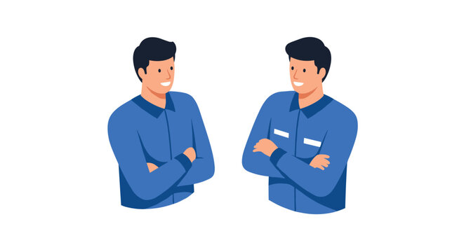 Two smiling men in blue shirts facing each other in flat design