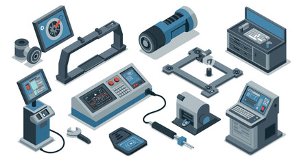 Isometric industrial tools and equipment in blue and gray tones