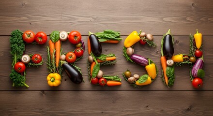 Studio photo of all types of vegetables forming the word fresh on a brown wooden background