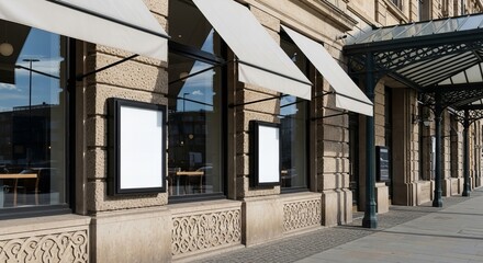 Exterior view of a building with awnings and blank signs along a sidewalk during the daytime light