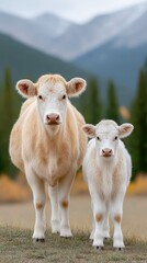 Pastoral scene of a mother cow and her calf standing in a grassy field with autumn trees and misty mountains in the background under a cloudy sky