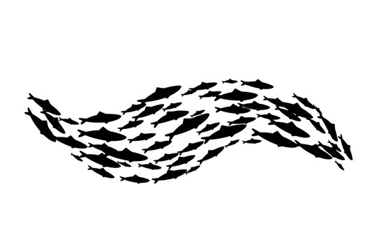 Fish school silhouette in wave shape, vector abstract sea tuna illustration isolated on white background.