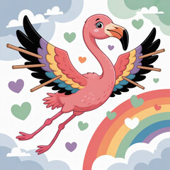 Cute Whimsical Flamingo Flying with makeshift wings Vector Illustration