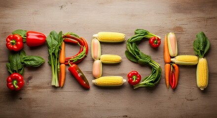 Studio photo of all types of vegetables forming the word fresh on a brown wooden background