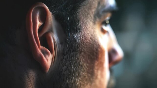 Serious man with side profile looking away
