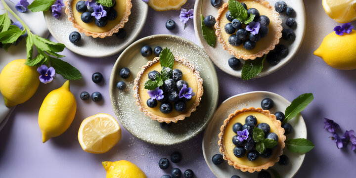 Creative food template. Blueberry lemon cream curd tart tartlet pie pastry dessert with mint leaf, fruit, powdered sugar, flowers on lavender background. copy text space. Long banner. Flat lay.
