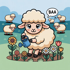 Cute Whimsical Sheep Gardening with flowers Vector Illustration