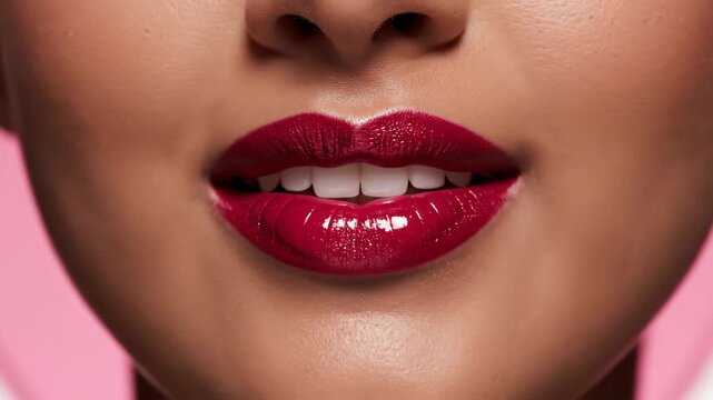 Close-Up Trio of Glossy Red Lips in Expressive Poses