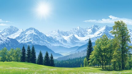 Sunny alpine meadow with snow-capped mountains.
