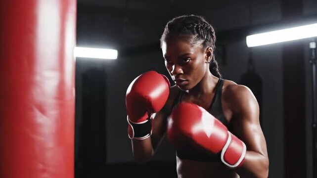 African American woman training with punching bag in boxing gym. Intense workout session featuring punches and defensive stance. Fitness and combat sports exercise footage.