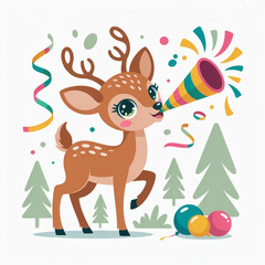 Cute Whimsical Deer Blowing party horns Vector Illustration 