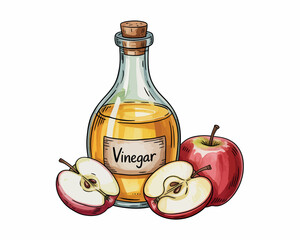Hand drawn illustration of apple cider vinegar bottle with fresh apples