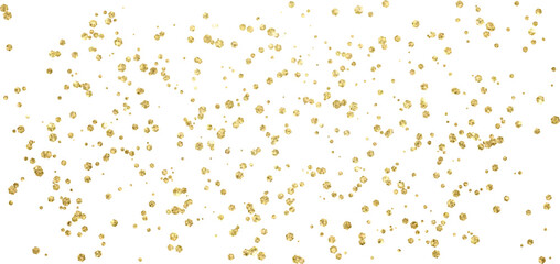 Golden glitter confetti scattered isolated on transparent background. Festive shimmer hexagon sparkles and luxury gold particles overlay for elegant wedding, holiday, birthday, party decoration design