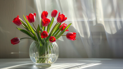 Vibrant red tulips in a glass vase, bright lighting, elegant decor, fresh spring flowers