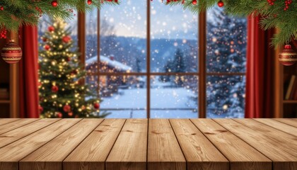Wooden table foreground for product display with cozy holiday window view, blurred christmas tree, snowy landscape, festive garland and warm bokeh lights for seasonal mockup copy space