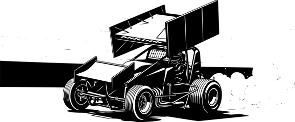 Sprint Car Silhouette – Black Vector Illustration, Racing Vehicle, Speed, Motorsport, Aerodynamic Design, Race Track, Fast Car, Competition, Clipart, Editable Vector Design.
