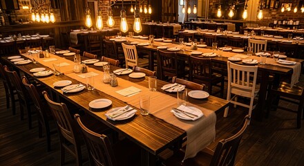 Fototapeta premium Interior view of a restaurant with long wooden tables set for a meal and vintage light bulbs hanging down